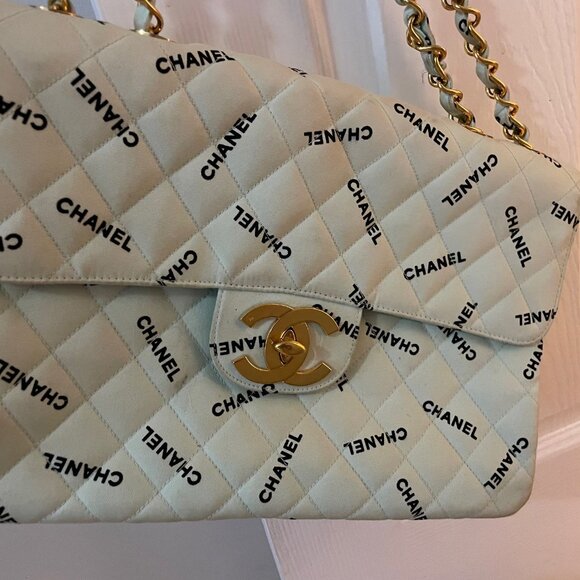 Vintage Chanel Light Mint Green Maxi Jumbo Logo Pattern Quilted Cotton Shoulder - Picture 3 of 15